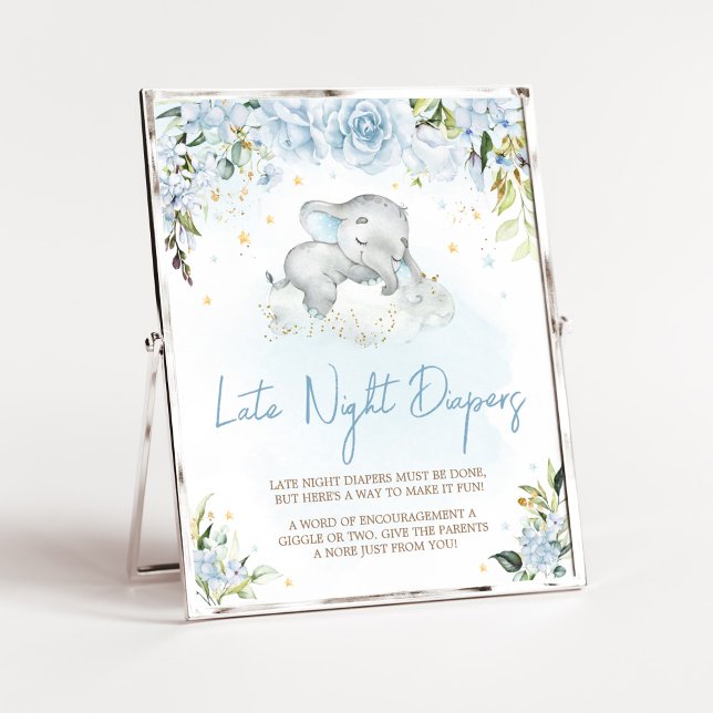 Póster Elefantes Florales Azules (Blue Floral Sleeping Elephant Baby Shower LAte Night Diapers Sign)