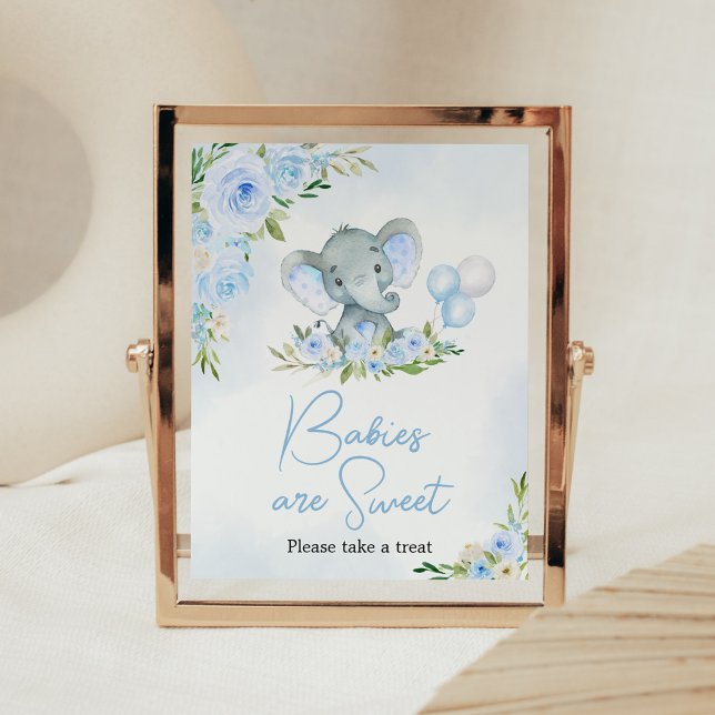 Póster Elefantes Florales en Globos Azules Los bebés son  (Boy Elephant Balloon Baby Shower Babies are Sweet Sign)