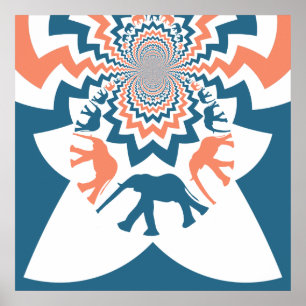 Póster Elefantes Locos Caminando Patrón Coral Azul Chevro