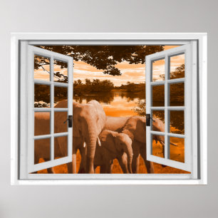 Póster Elefantes Sunset View Trompe l'oeil Fake Window
