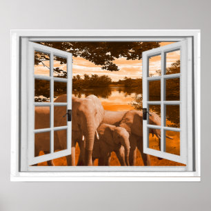 Póster Elefantes Sunset View Trompe l'oeil Fake Window