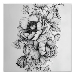 Póster Élégance florale en noir et blanc