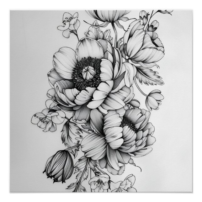 Póster Élégance florale en noir et blanc (Anverso)