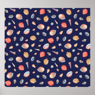 Póster Elegancia de la concha: Patrón azul de verano.