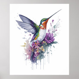 Póster Elegancia floral - Colibrí acuarela