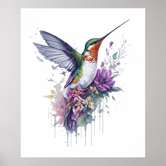 Póster Elegancia floral - Colibrí acuarela (Frente)