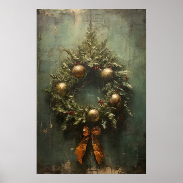 Póster Elegancia rústica Navidades verdes y dorados (Frente)