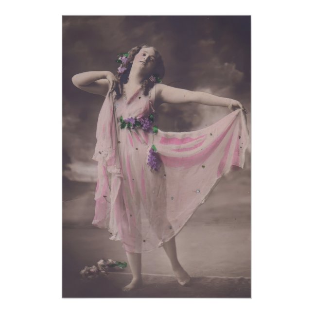 Póster Elegancia vintage en vestimenta floral rosa (Anverso)