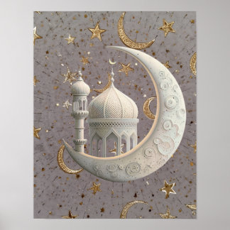 Póster Elegant 3D White Crescent & Mosque Ramadan Design
