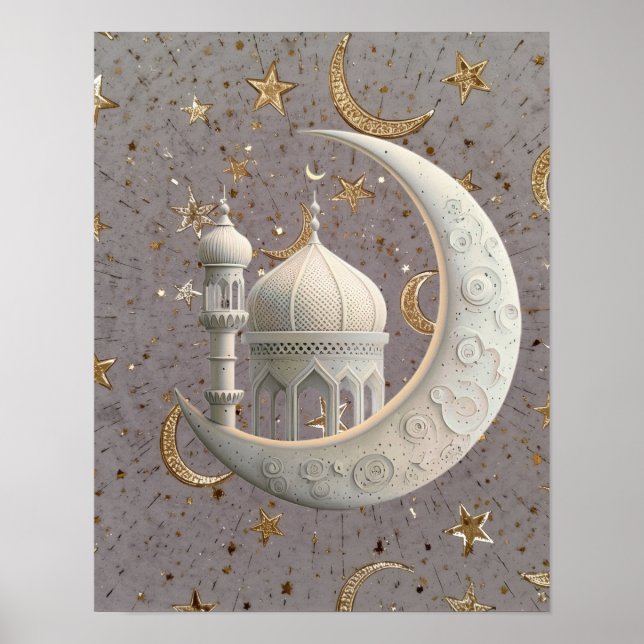 Póster Elegant 3D White Crescent & Mosque Ramadan Design (Frente)
