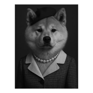 Póster Elegant Akita Inu Dog with Pearl Necklace & Beret