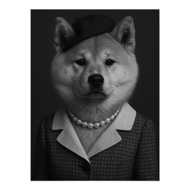 Póster Elegant Akita Inu Dog with Pearl Necklace & Beret (Anverso)