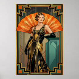 Póster Elegant Art Deco Gatsby Woman Portrait Gold