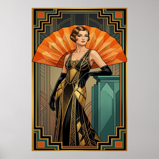 Póster Elegant Art Deco Gatsby Woman Portrait Gold (Frente)