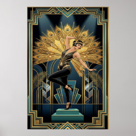 Póster Elegant Art Deco Maple Tree Silhouette Gold