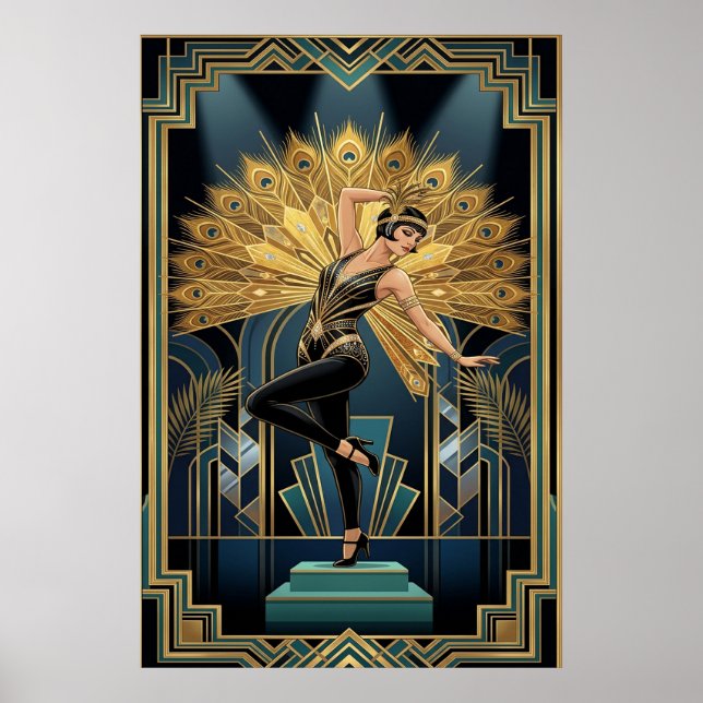 Póster Elegant Art Deco Maple Tree Silhouette Gold (Frente)