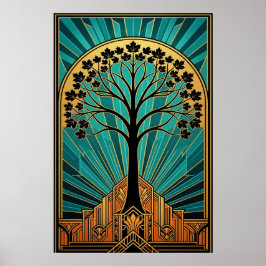 Póster Elegant Art Deco Maple Tree Silhouette Gold Teal