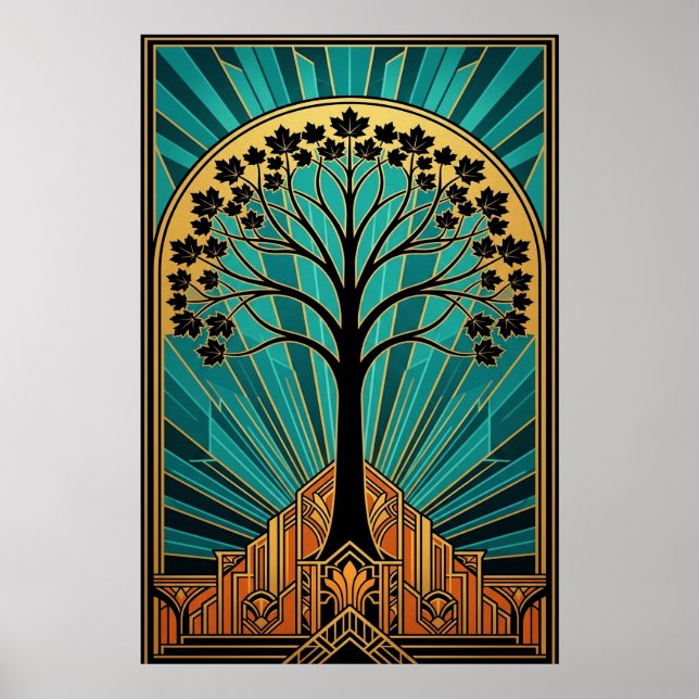 Póster Elegant Art Deco Maple Tree Silhouette Gold Teal (Frente)
