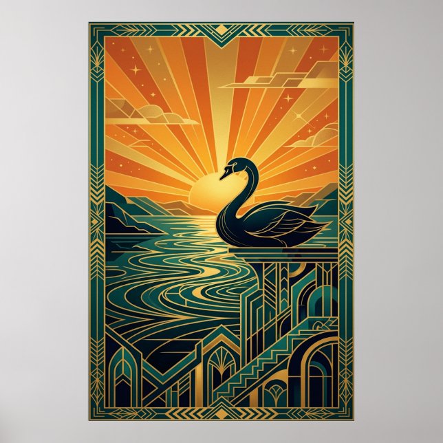 Póster Elegant Art Deco Swan Sunset Lake (Frente)