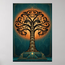 Elegant Art Deco Tree Silhouette Gold & Teal Poste
