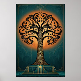 Póster Elegant Art Deco Tree Silhouette Gold & Teal Poste