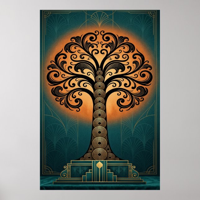 Póster Elegant Art Deco Tree Silhouette Gold & Teal Poste (Frente)