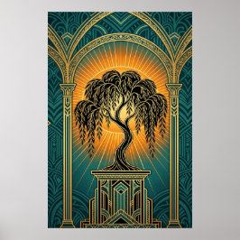 Póster Elegant Art Deco Weeping Willow Gold & Teal Poster