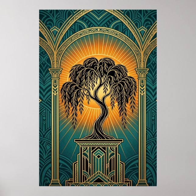 Póster Elegant Art Deco Weeping Willow Gold & Teal Poster (Frente)