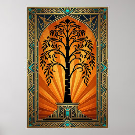 Póster Elegant Art Deco Willow Tree Sunset Gold