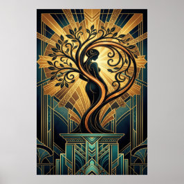 Póster Elegant Art Deco Woman Tree Silhouette Black Gold 
