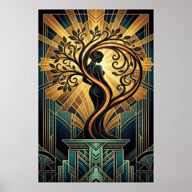 Póster Elegant Art Deco Woman Tree Silhouette Black Gold  (Frente)
