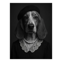 Póster Elegant Basset Hound Lady with Beret and Pearl