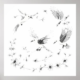Póster Elegant Birds and Floral Branch Illustration