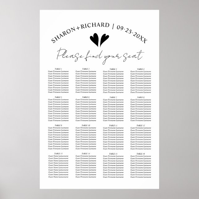 Póster Elegant black and white wedding seating chart (Frente)