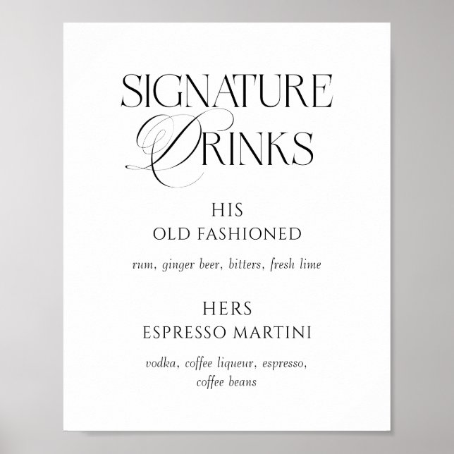 Póster Elegant Black and White Wedding Signature Drinks (Frente)