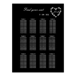 Póster Elegant Black Floral Heart 12 Tables Wedding Seati