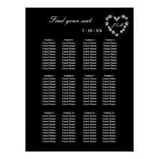 Póster Elegant Black Floral Heart 12 Tables Wedding Seati