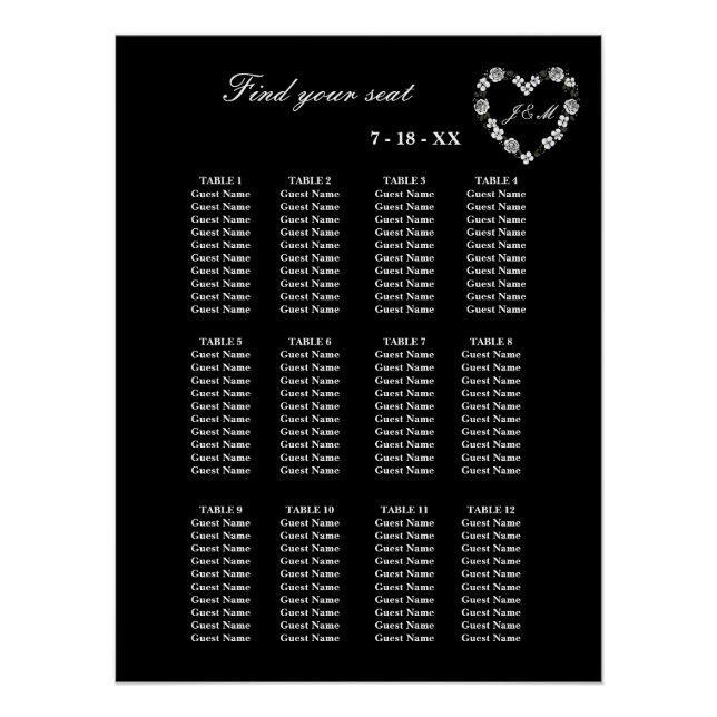 Póster Elegant Black Floral Heart 12 Tables Wedding Seati (Anverso)