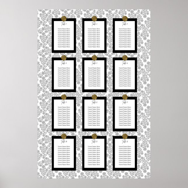 Póster Elegant Black Floral Toile Seating Chart (Frente)