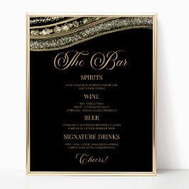 Póster Elegant Black Gold Agate Party Bar Menu Sign