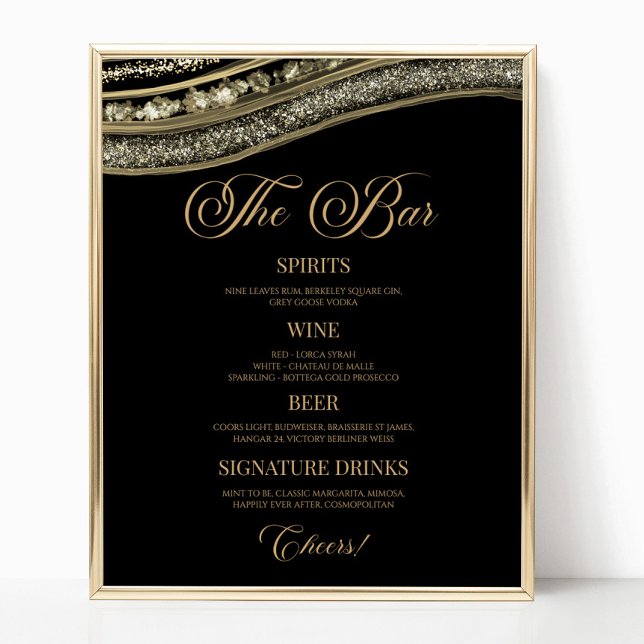 Póster Elegant Black Gold Agate Party Bar Menu Sign (Subido por el creador)
