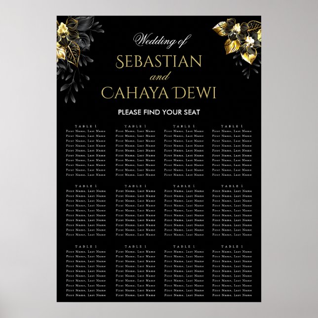 Póster Elegant black & gold summer wedding seating chart (Frente)