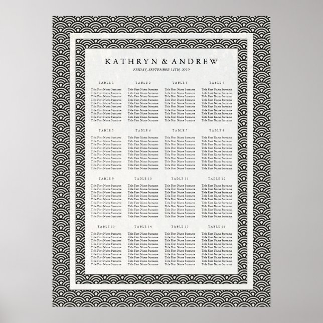 Póster Elegant Black+White Seigaiha Wedding Seating Chart (Frente)