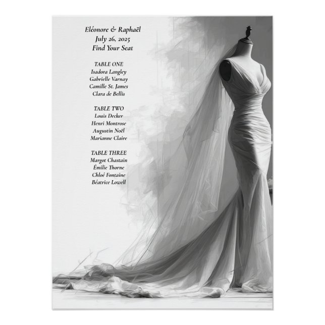 Póster Elegant Black & White Wedding Seating Chart  (Anverso)