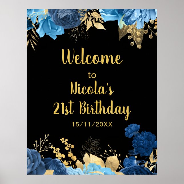 Póster Elegant Blue and Gold Flowers Birthday Party (Frente)