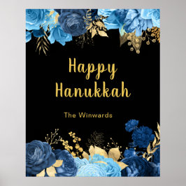 Póster Elegant Blue and Gold Flowers Hanukkah Party