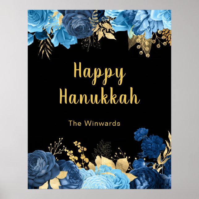Póster Elegant Blue and Gold Flowers Hanukkah Party (Frente)