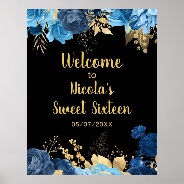 Póster Elegant Blue and Gold Flowers Sweet Sixteen (Frente)