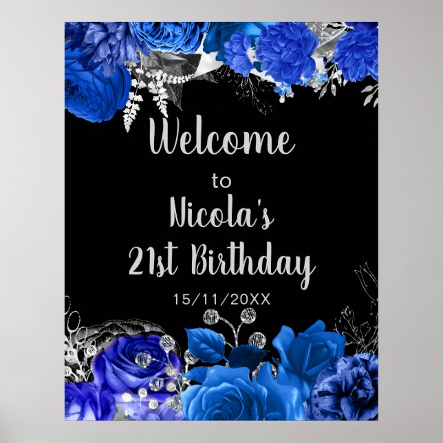 Póster Elegant Blue and Silver Flowers Birthday Party (Frente)