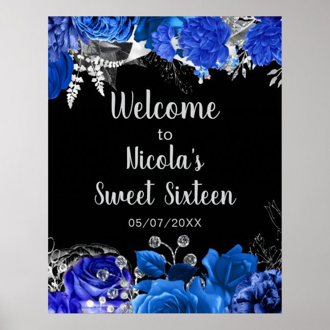 Póster Elegant Blue and Silver Flowers Sweet Sixteen  (Frente)